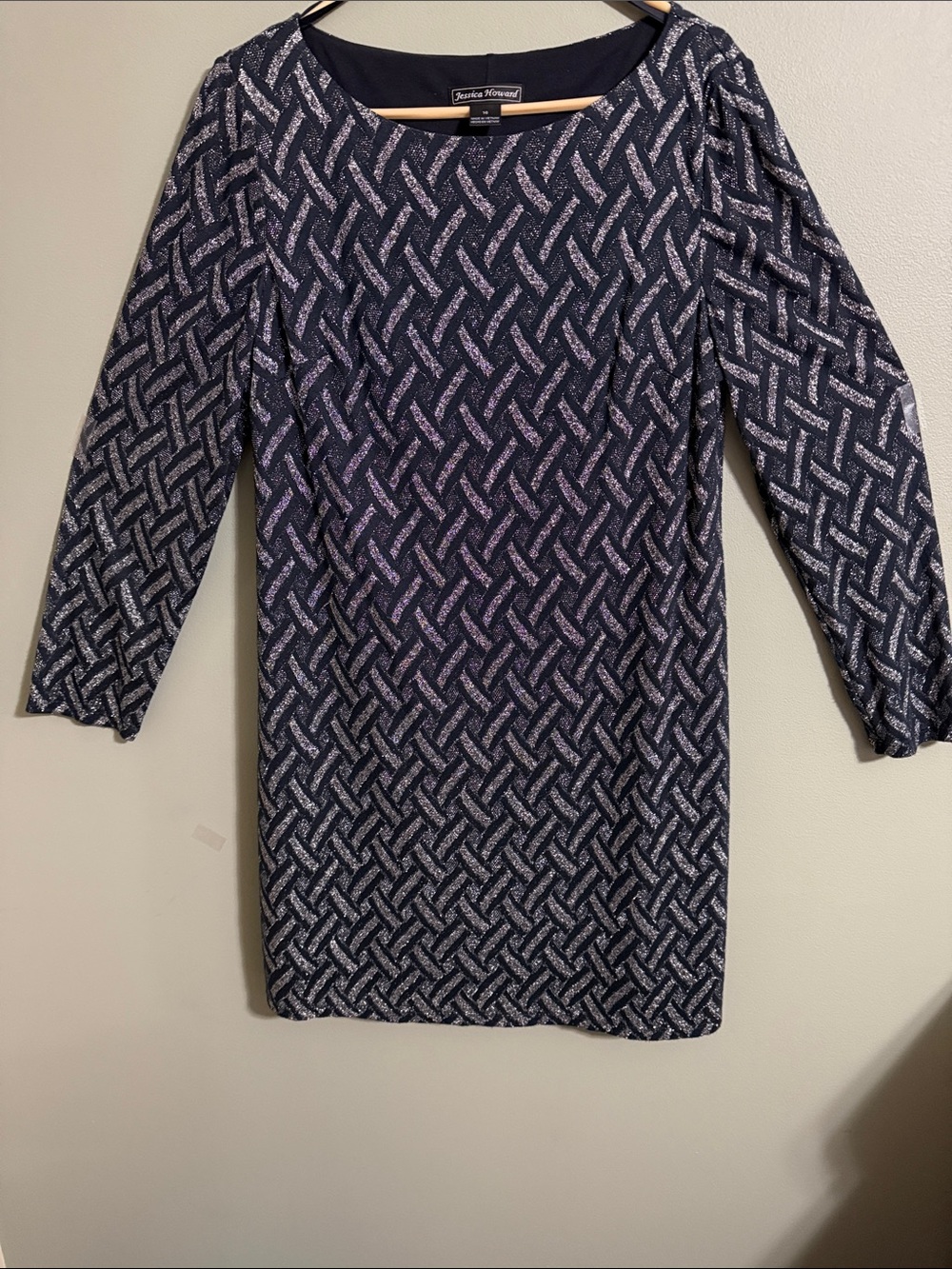 Jessica Howard Navy and White Geometric Long Sleeve Sheath Dress